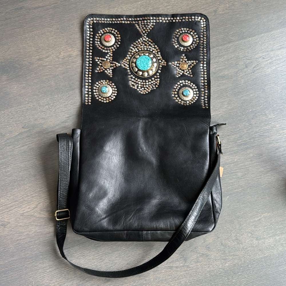 Studded Black Leather Crossbody Messenger Bag. New with tags. Handmade.
